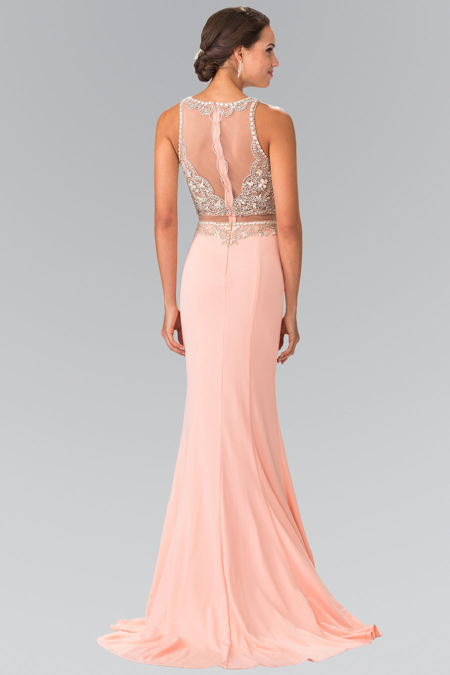 Prom Long Beaded Dress Formal Evening Gown - The Dress Outlet Peach