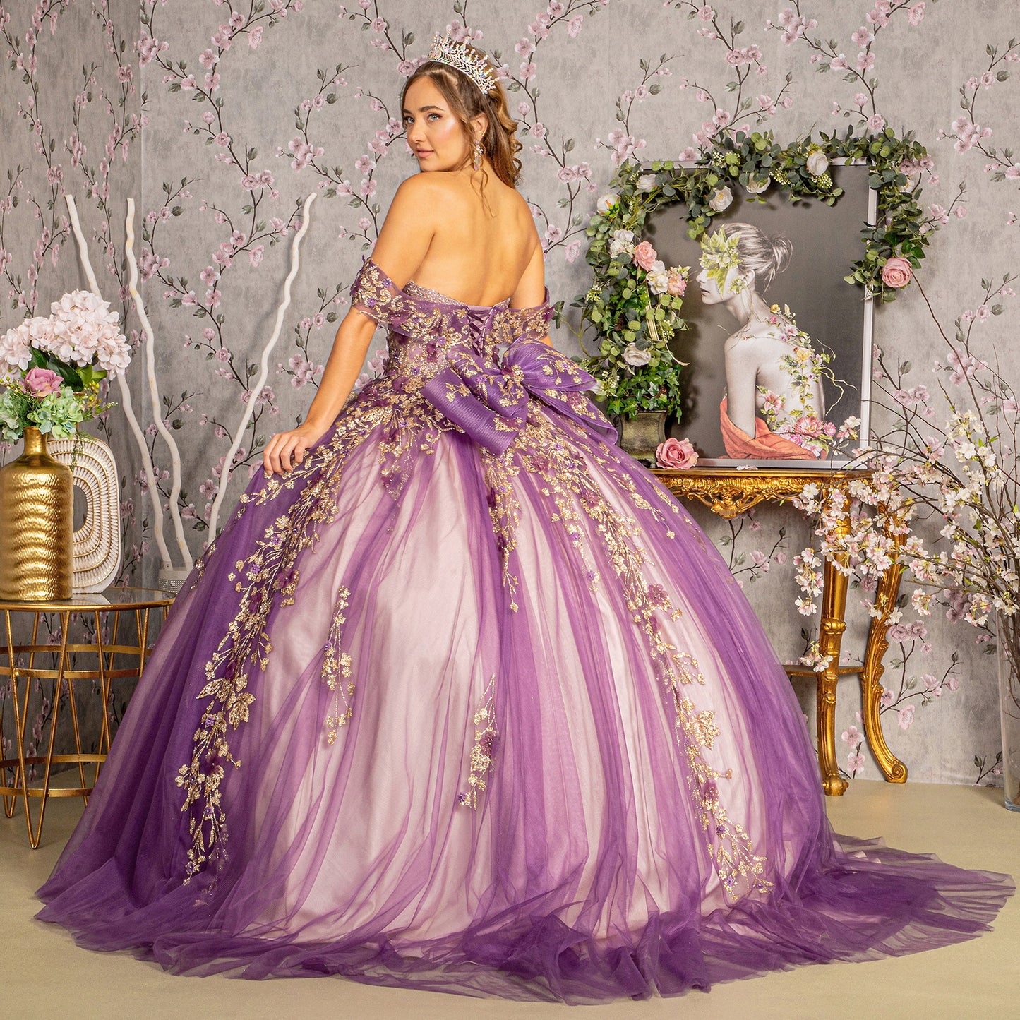 Quinceniera Dresses Long Flower Applique Bead Quinceanera Ballgown Purple Nude