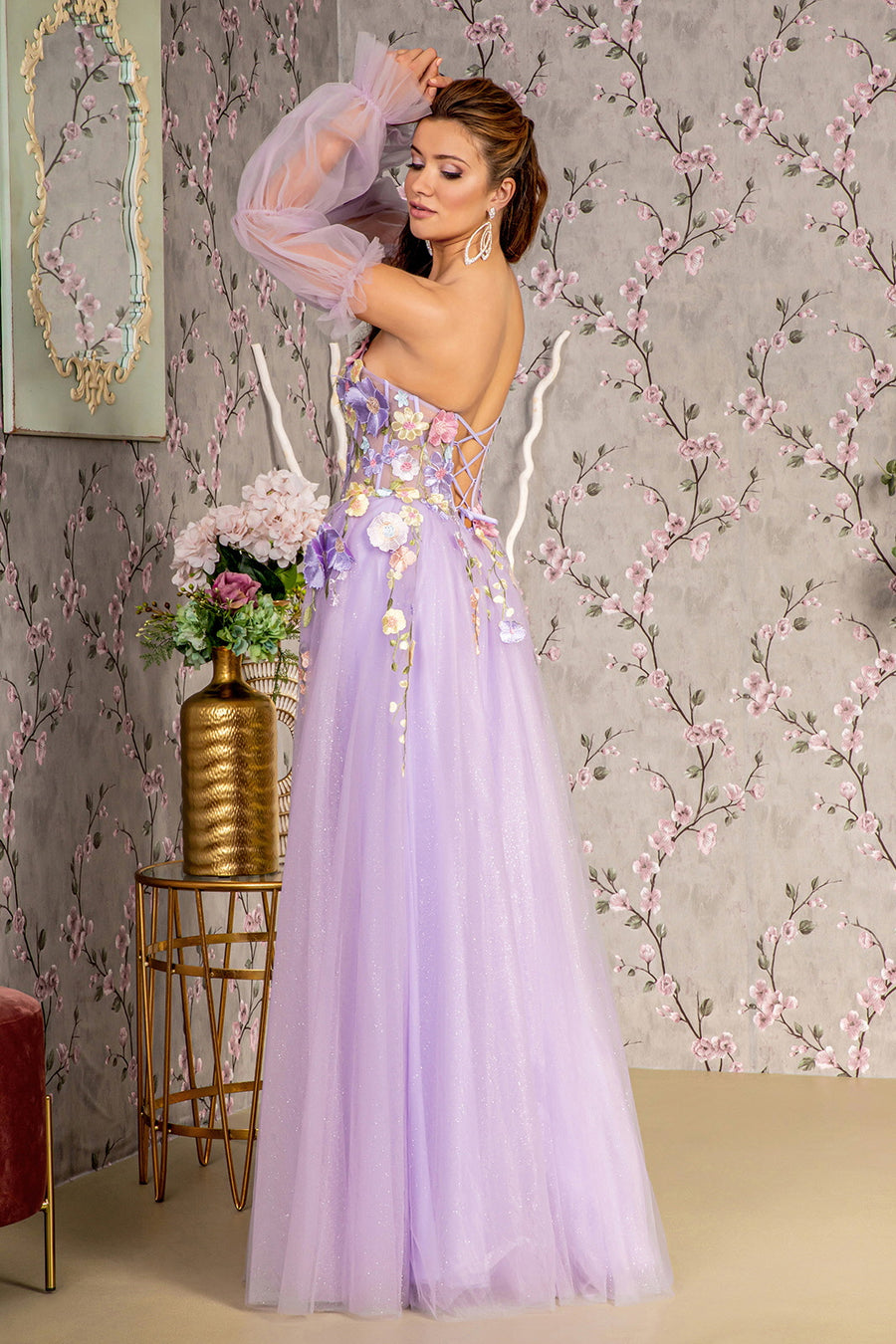 Prom Dresses Glitter Detachable Long Sleeves A line Long Prom Dress Lavender