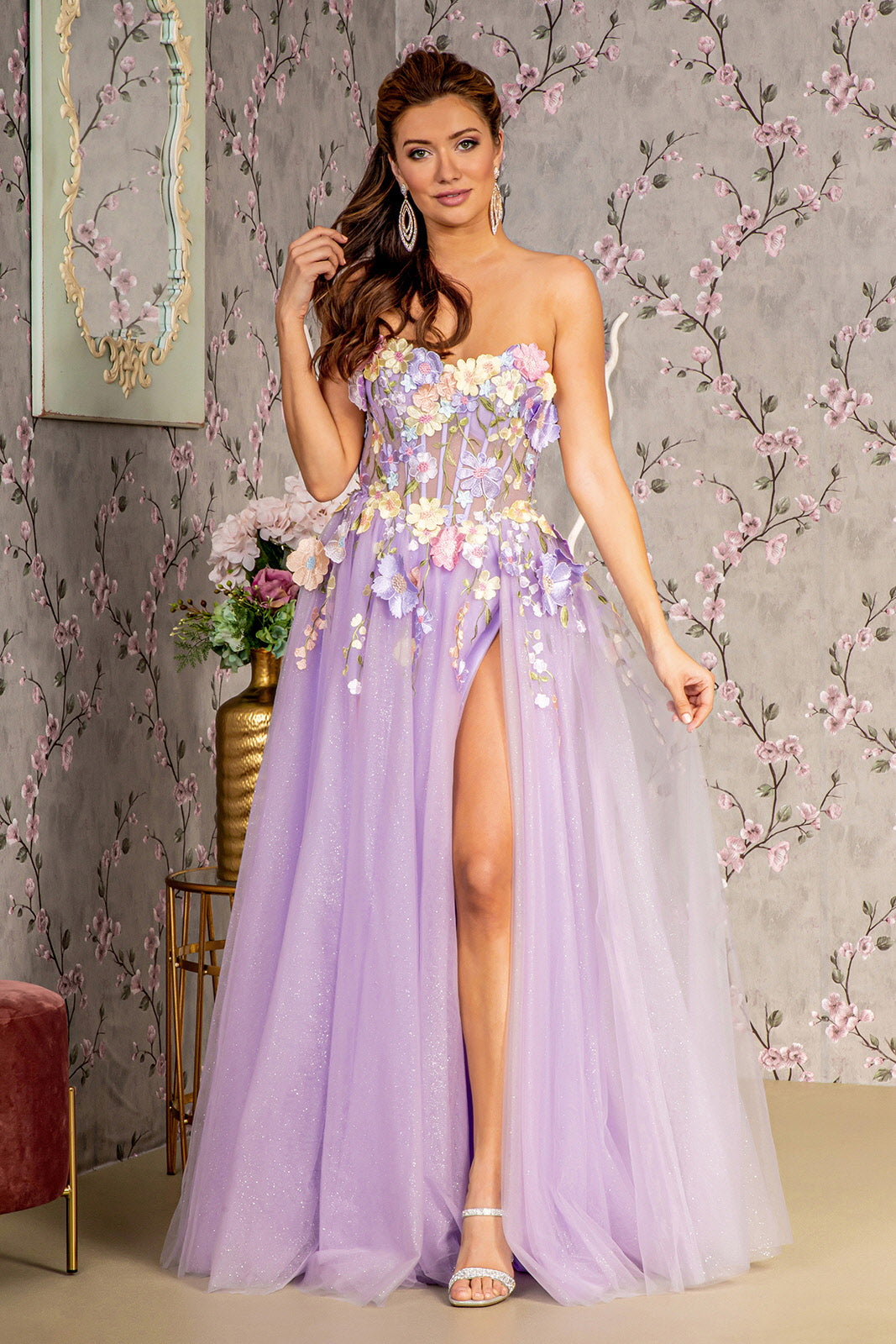 Prom Dresses Glitter Detachable Long Sleeves A line Long Prom Dress Lavender