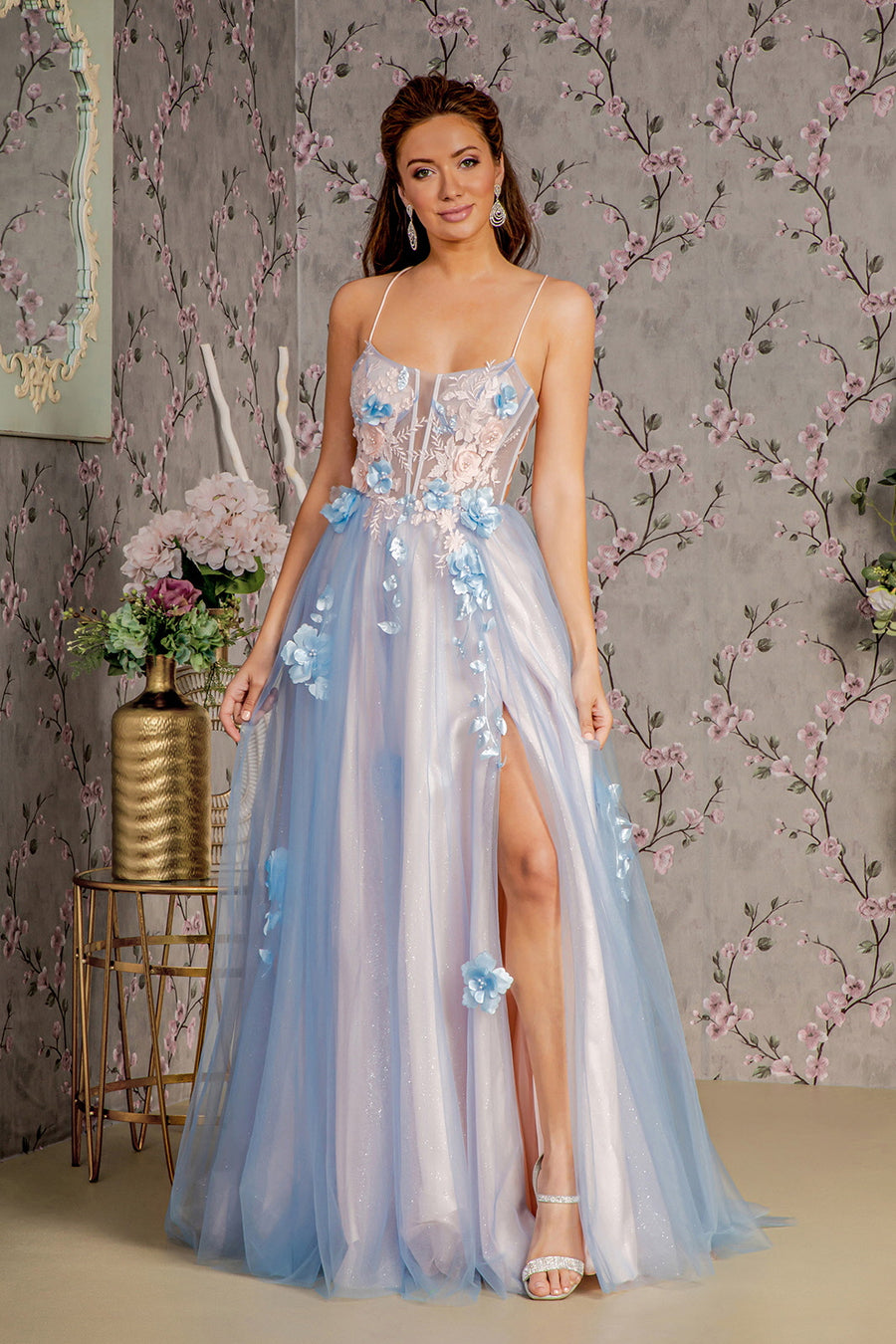 Prom Dresses  Prom Flower Sheer Bodice Back A line Long Slit Dress Blue/Peach