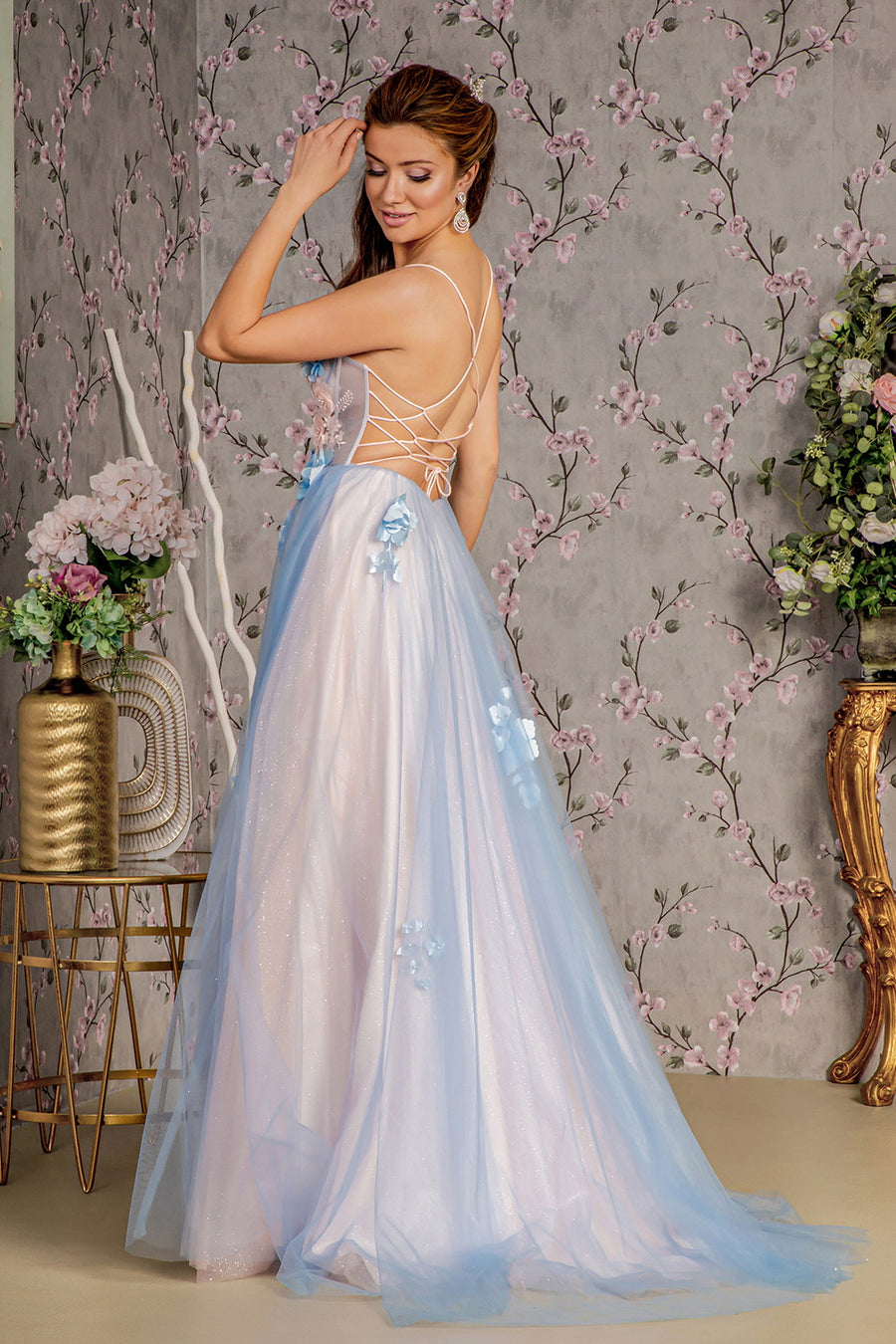 Prom Dresses  Prom Flower Sheer Bodice Back A line Long Slit Dress Blue/Peach