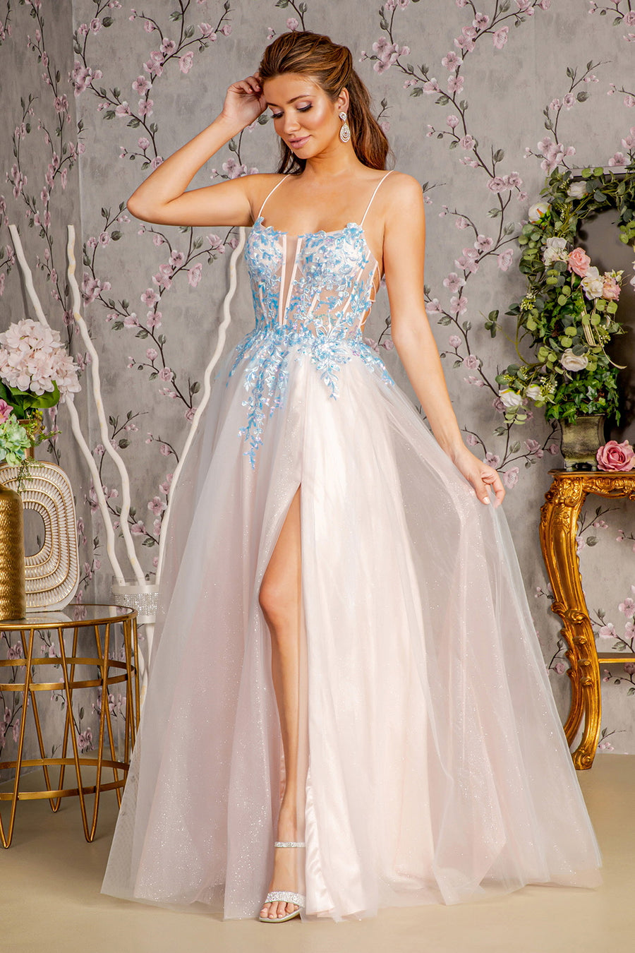 Prom Dresses Glitter Sequin A line Long Prom Dress Blue/Peach