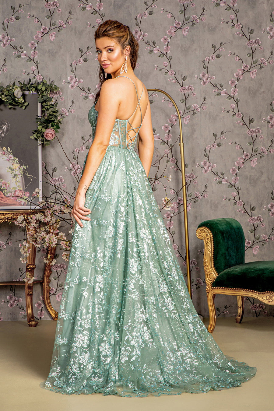 Prom Dresses Sequin Illusion A line Long Prom Slit Dress Dark Sage