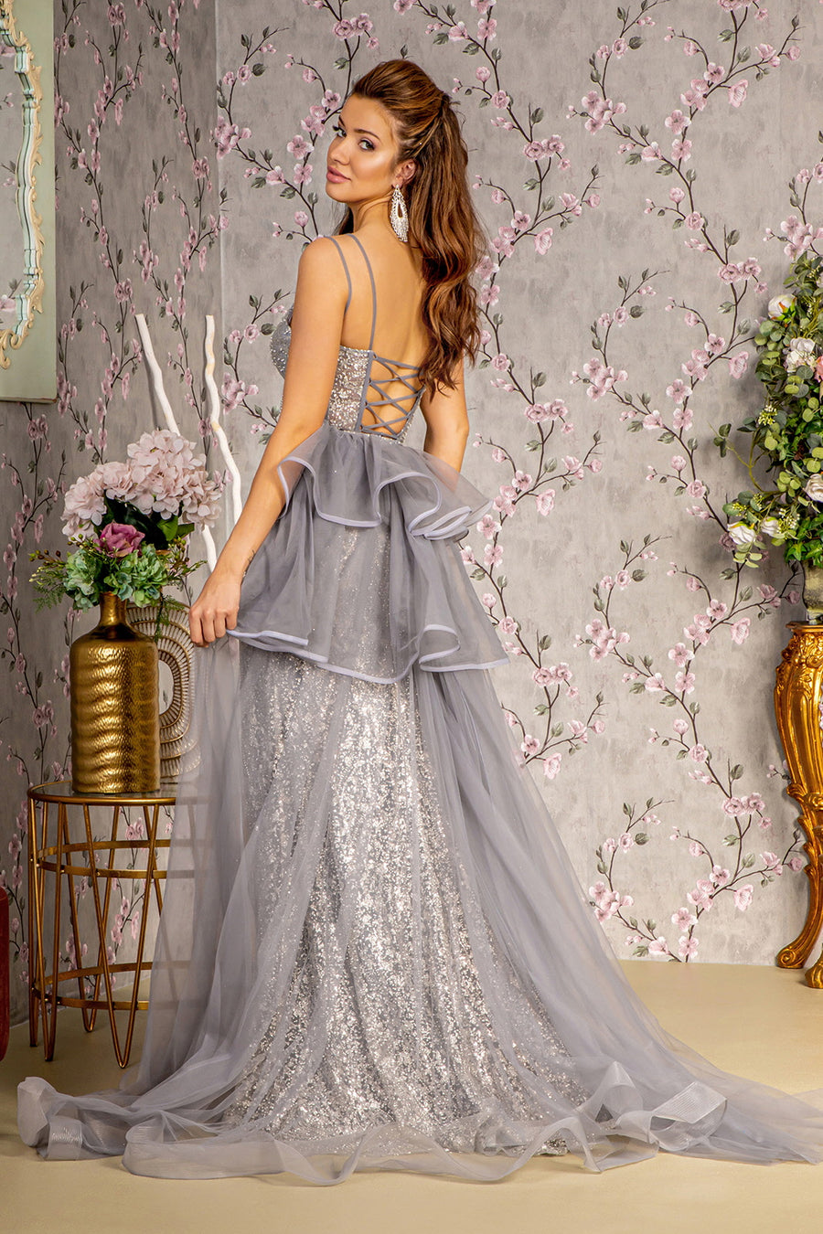 Prom Dresses Jewel Mermaid Detachable Waist Drape Prom Long Dress Silver