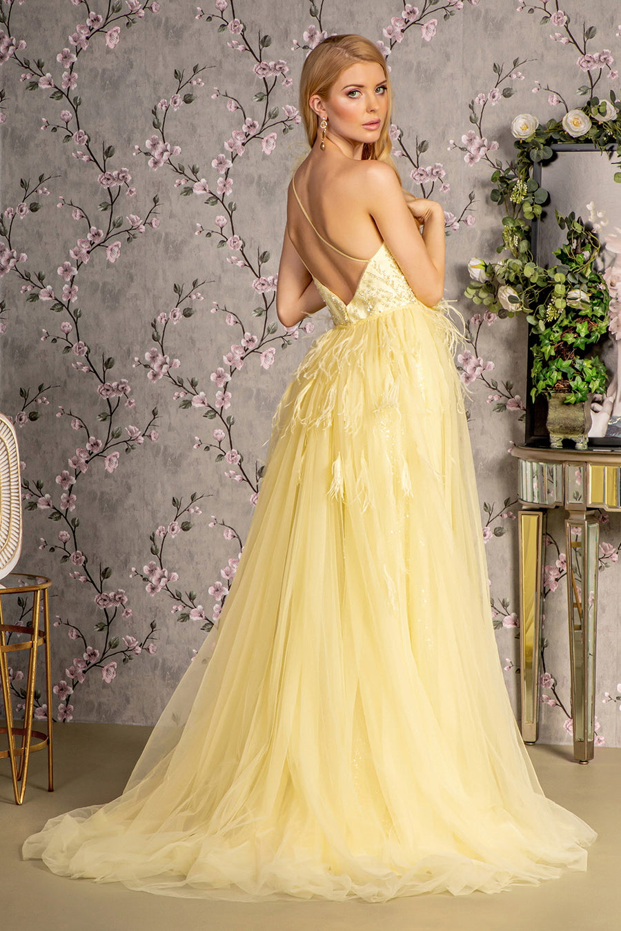 Prom Dresses Feather Detachable Waist Drape Mermaid Long Prom Dress Light Yellow