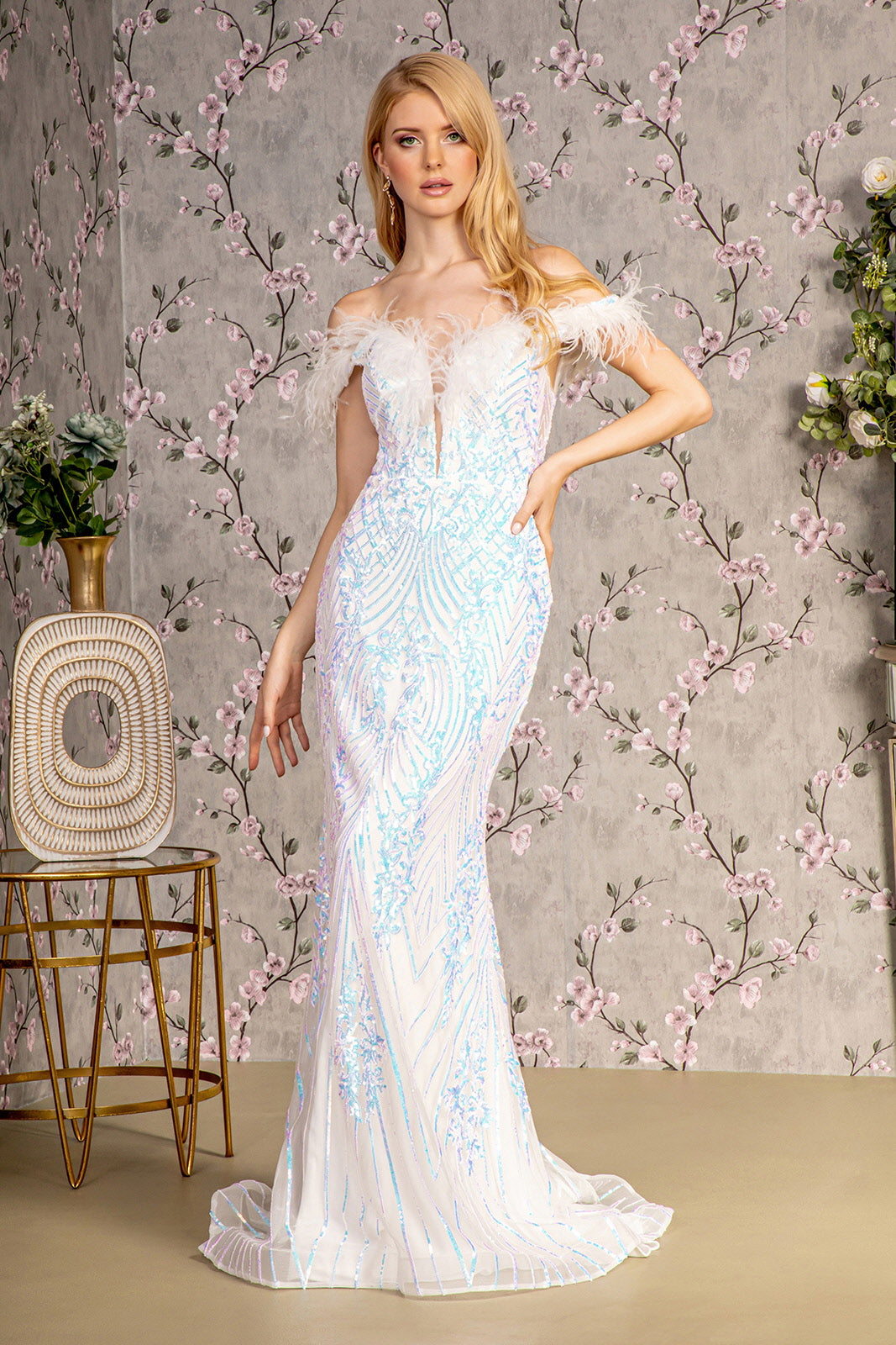 Prom Dresses  Feather Sequin Mermaid Long Prom Dress Ivory