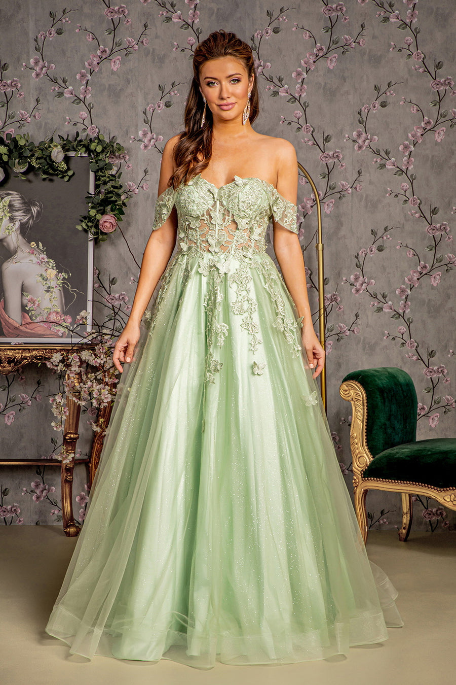 Prom Dresses Prom 3D Butterfly A line Long Dress Sage