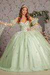 Quinceniera Dresses  3D Flower Ruched Long Puff Sleeves Quinceanera Ball Gown Sage