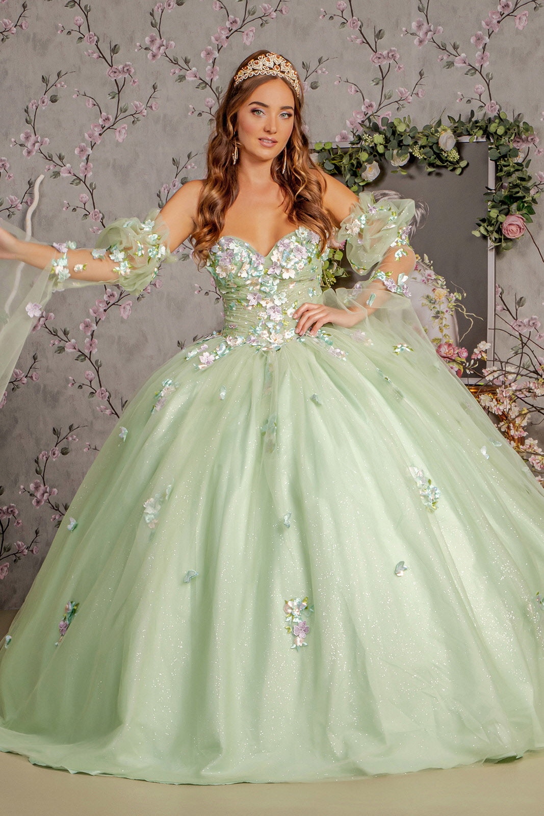 Quinceniera Dresses  3D Flower Ruched Long Puff Sleeves Quinceanera Ball Gown Sage