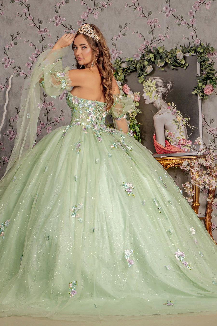 Quinceniera Dresses 3D Flower Ruched Long Puff Sleeves Quinceanera Ball Gown Sage