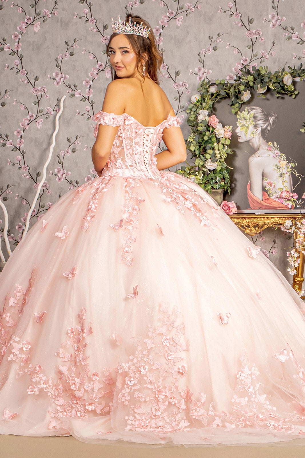 Quinceniera Dresses Glitter Beaded Sheer Quinceanera Ball Gown Blush