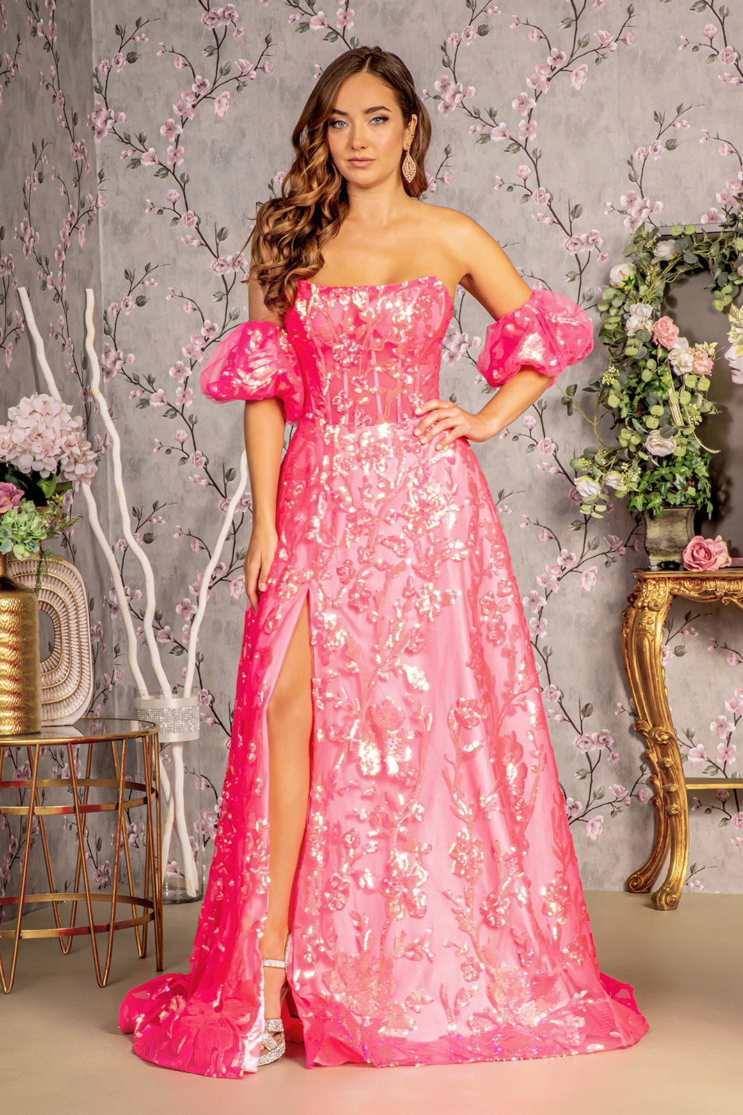 Prom Dresses Detachable Puff Sleeve Sequin A line Prom Long Dress Hot Pink