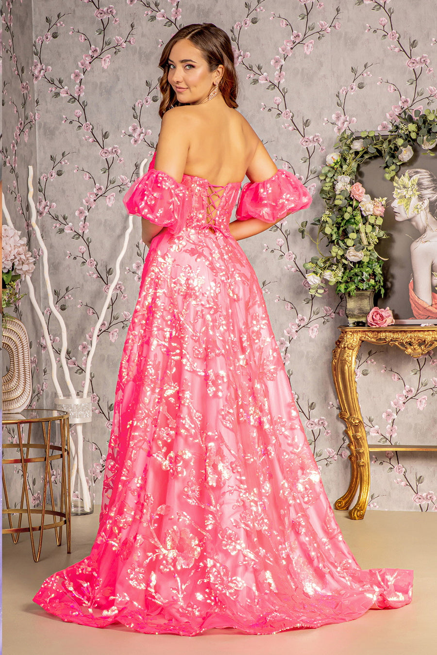 Prom Dresses Detachable Puff Sleeve Sequin A line Prom Long Dress Hot Pink