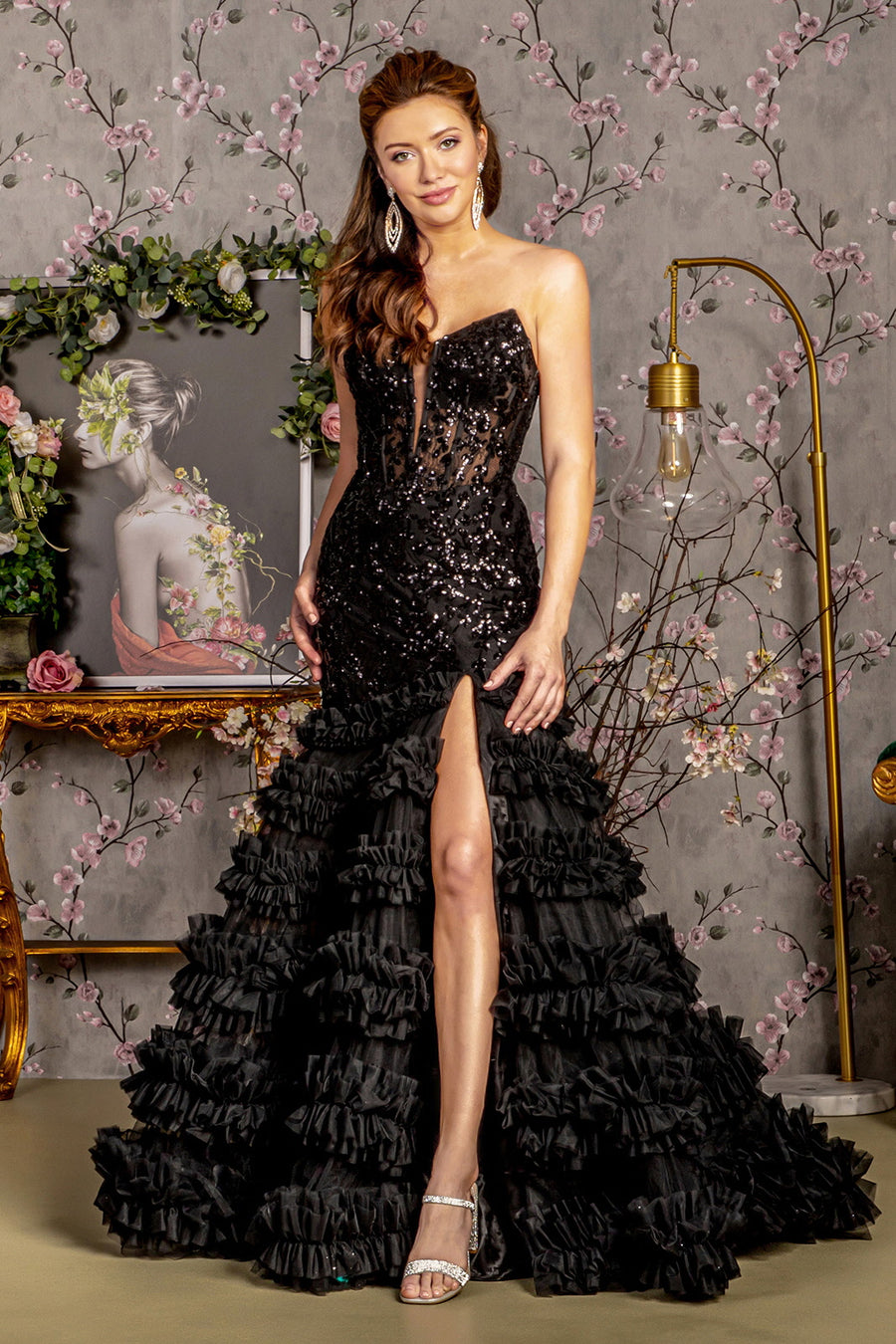 Prom Dresses Sequin Ruffled Skirt Trumpet Long Prom Dress Black