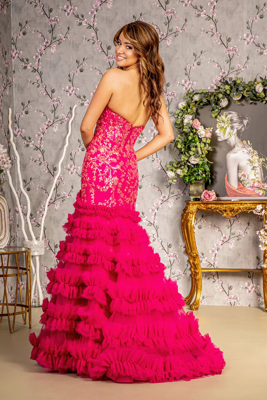 Prom Dresses Sequin Ruffled Skirt Trumpet Long Prom Dress Fuchsia