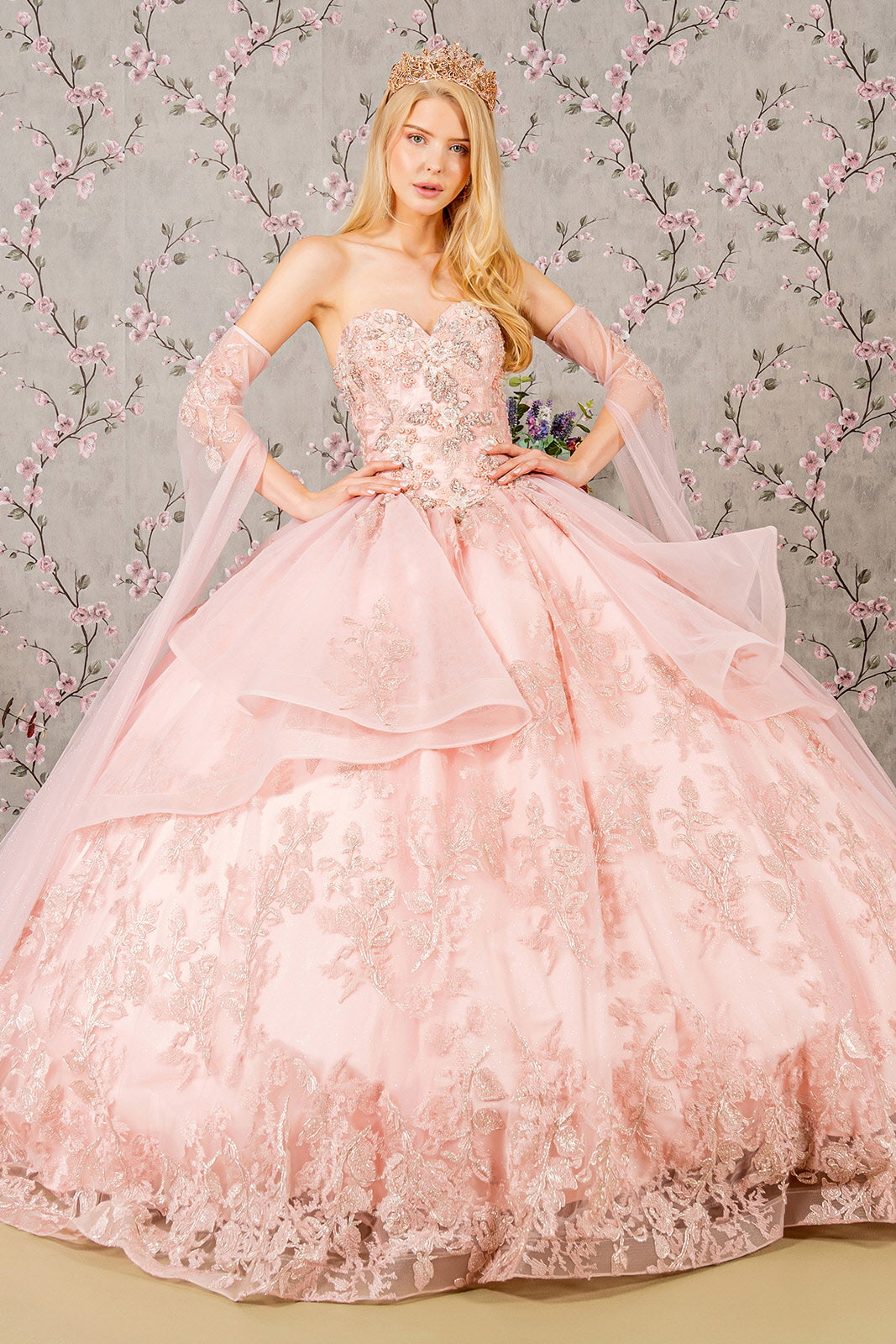 Quinceniera Dresses Detachable Long Sheer Side Sleeves Quinceanera Ball Gown Blush