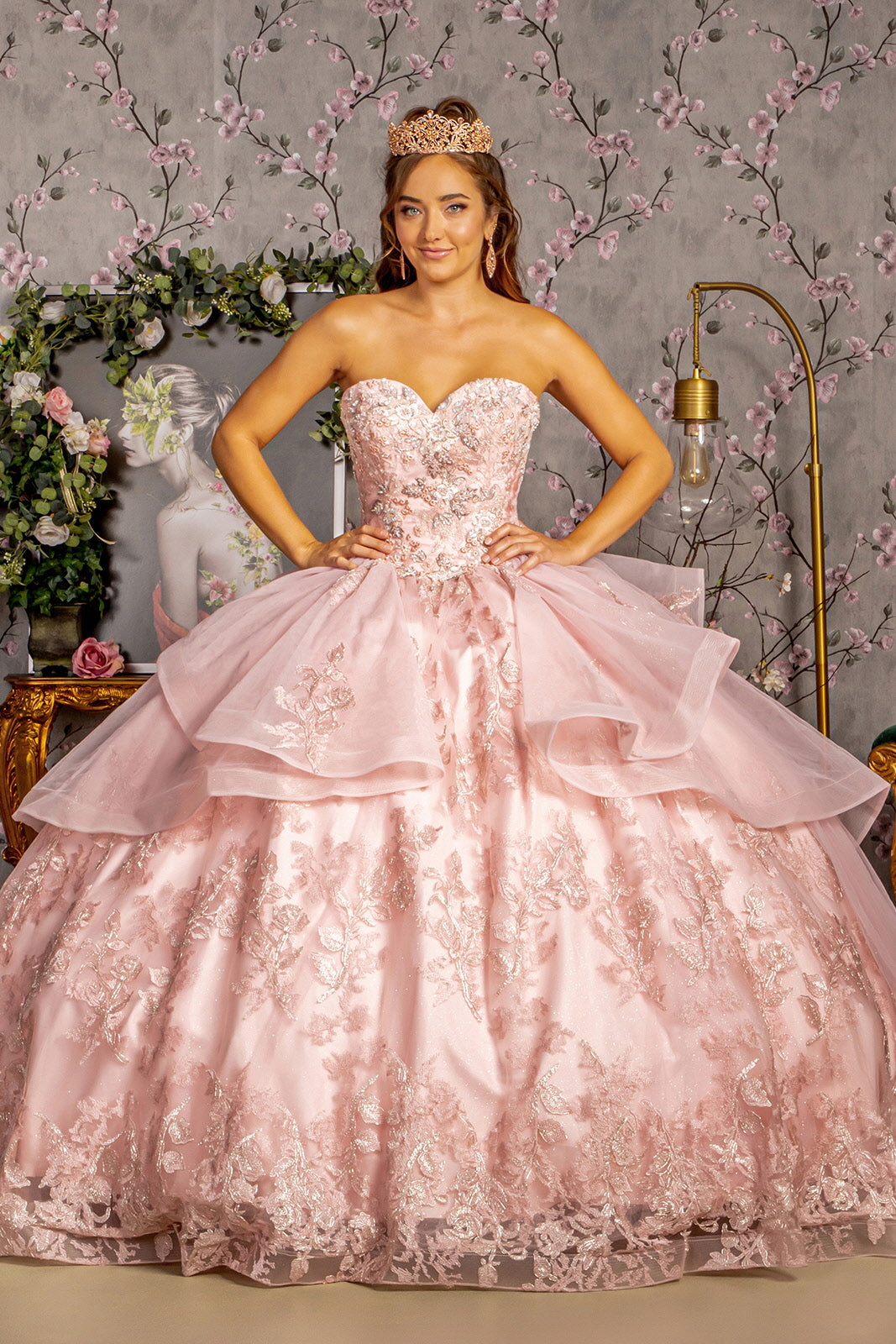 Quinceniera Dresses Detachable Long Sheer Side Sleeves Quinceanera Ball Gown Blush