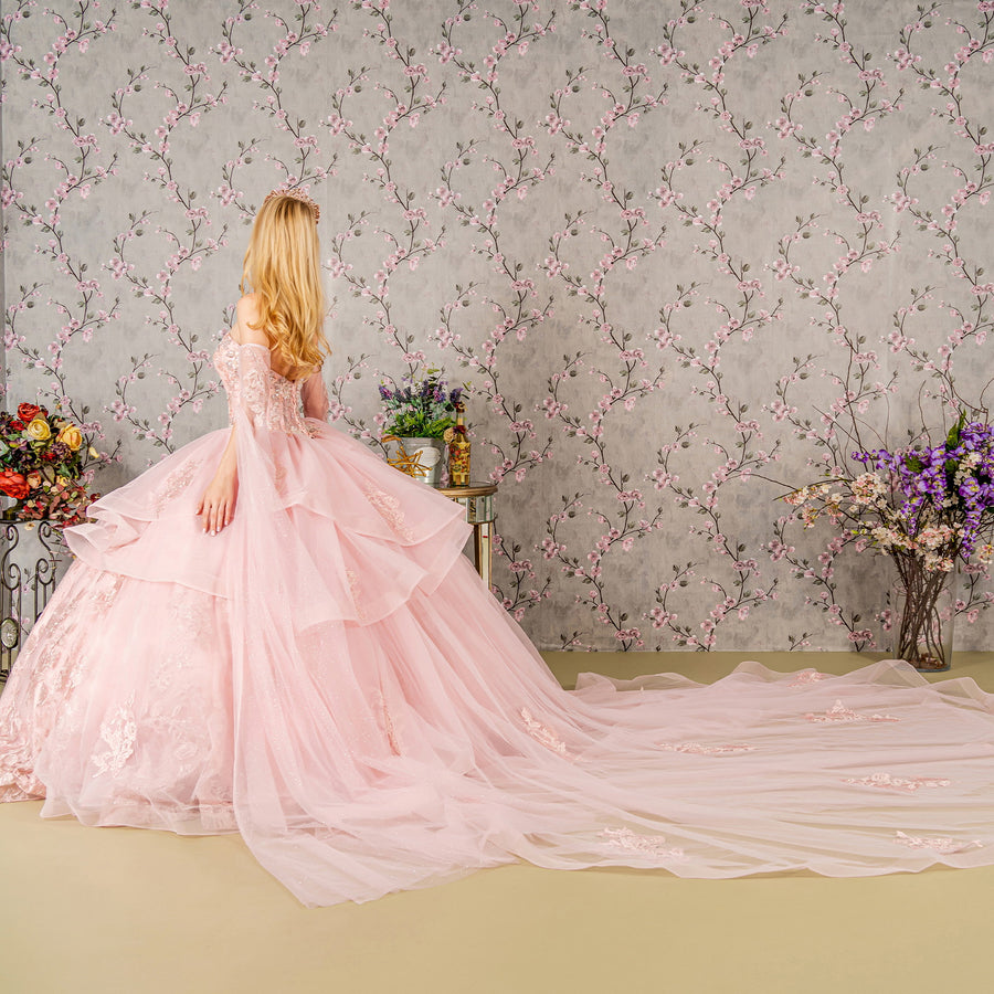 Quinceniera Dresses Detachable Long Sheer Side Sleeves Quinceanera Ball Gown Blush