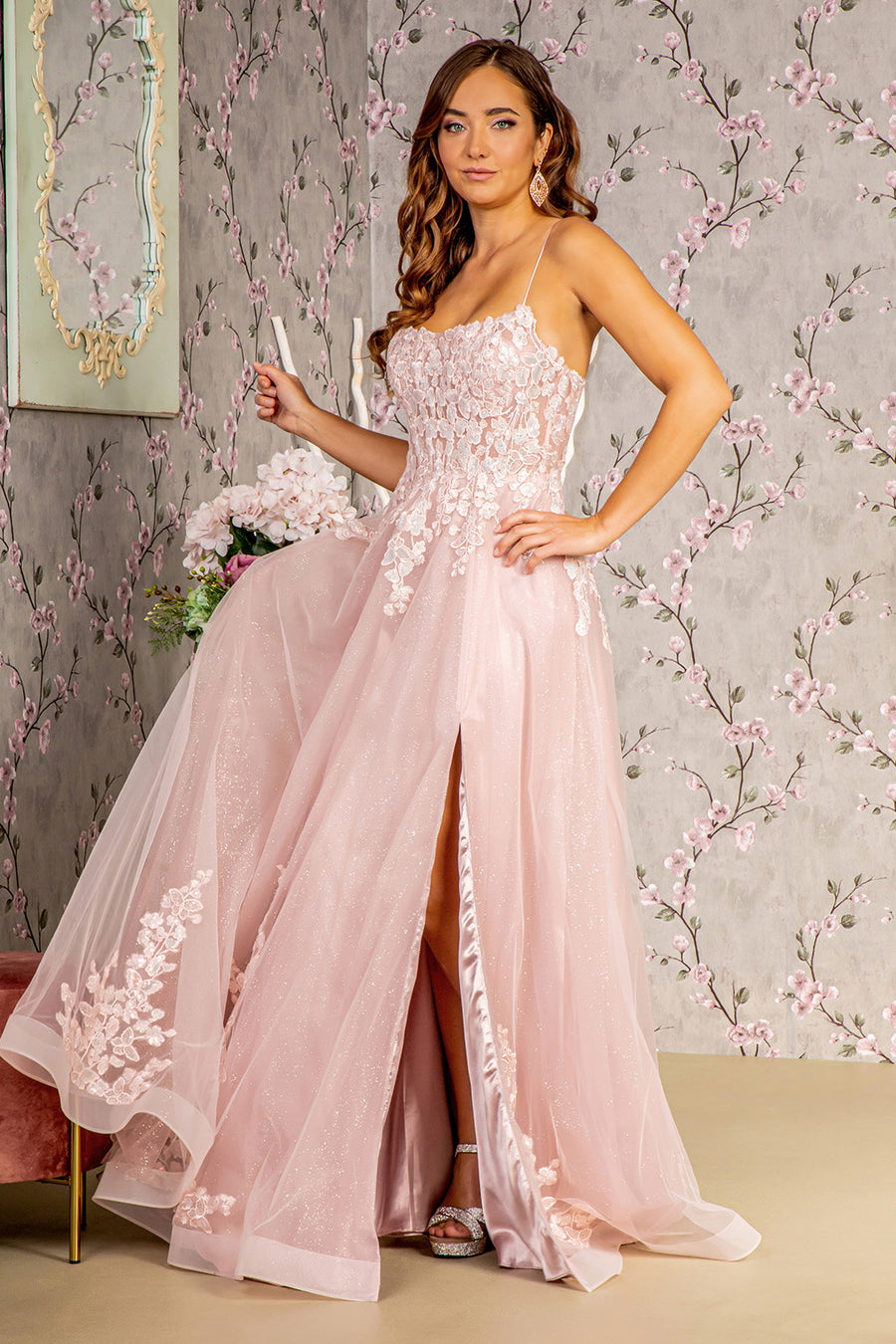 Prom Dresses  Beaded Sheer Bodice Prom A line Long Dress Blush