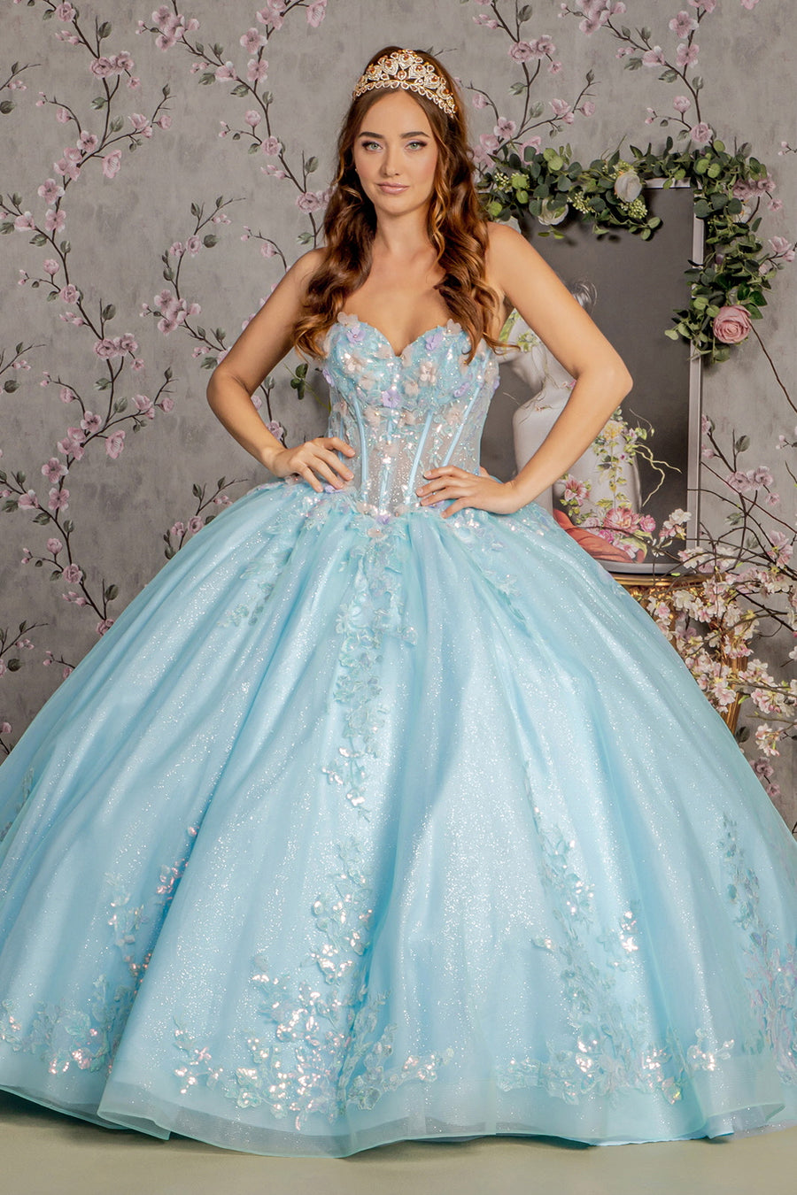 Quinceanera Dresses 3D Flower Quinceanera Ball Gown Tiffany Blue