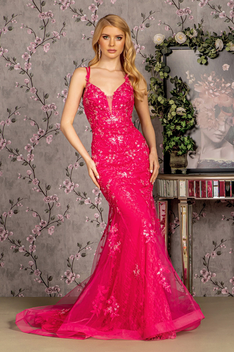 Prom Dresses Floral Sequin Mermaid Prom Long Dress Fuchsia