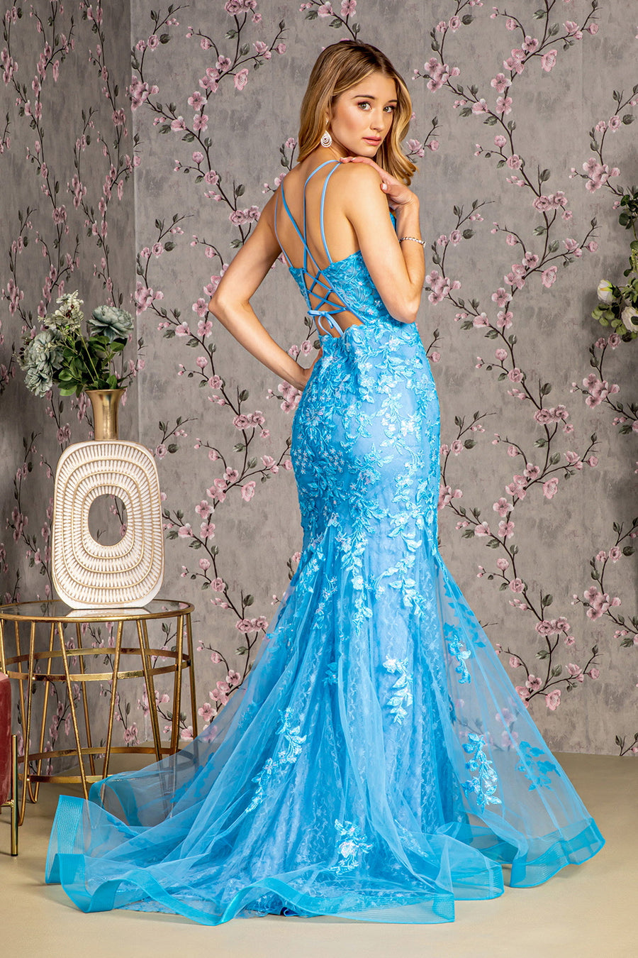 Prom Dresses Floral Sequin Mermaid Prom Long Dress Ocean Blue