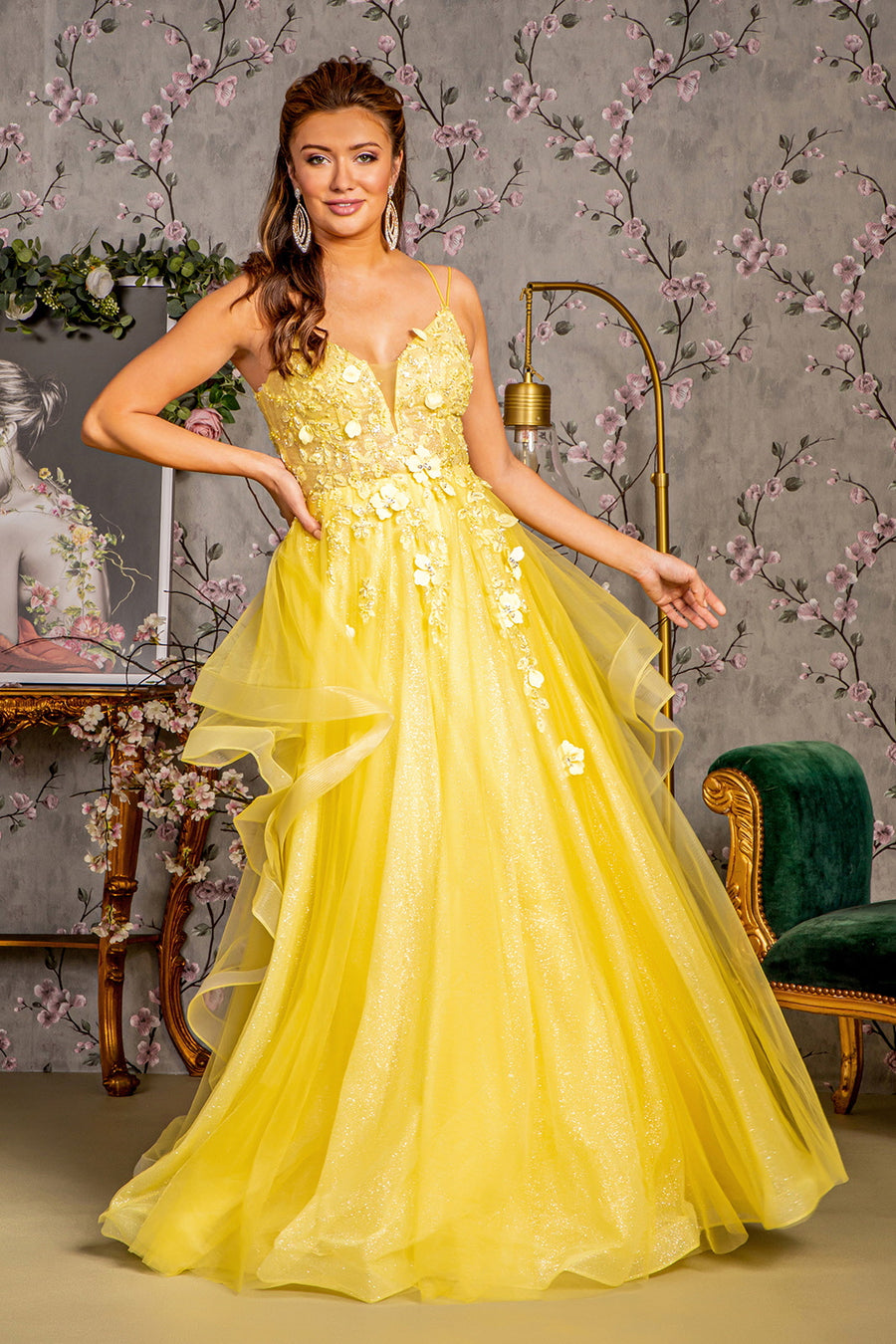 Prom Dresses Beaded Sequin Ruffled Layered Back A line Long Prom Dress Yellow