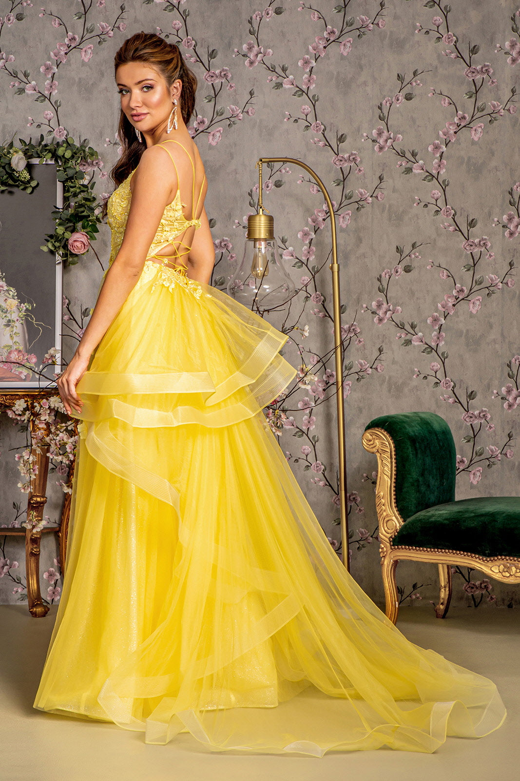 Prom Dresses Beaded Sequin Ruffled Layered Back A line Long Prom Dress Yellow