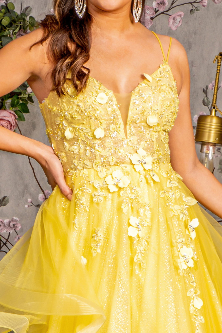 Prom Dresses Beaded Sequin Ruffled Layered Back A line Long Prom Dress Yellow