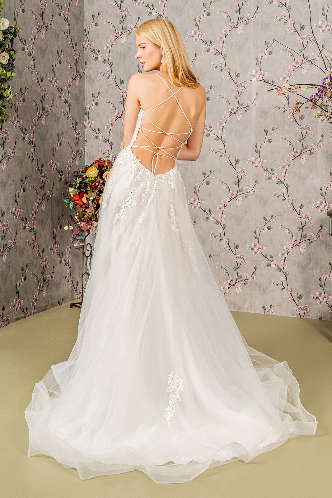 Wedding Dresses Beaded Sheer Bodice Open Back Wedding Gown Ivory