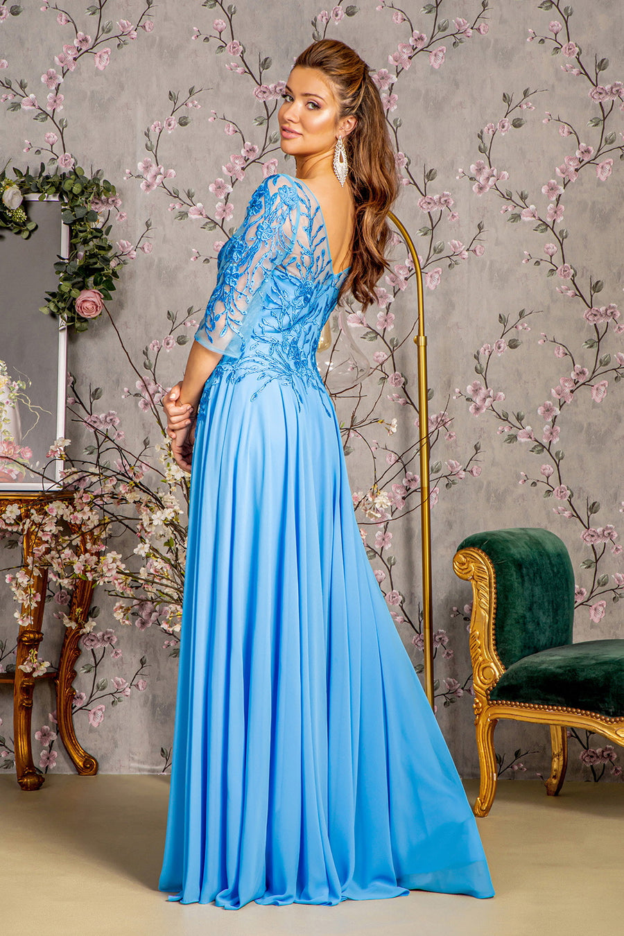 Mother of the Bride Dresses Beaded V back A line Long Mother of the Bride Dress Perry Blue