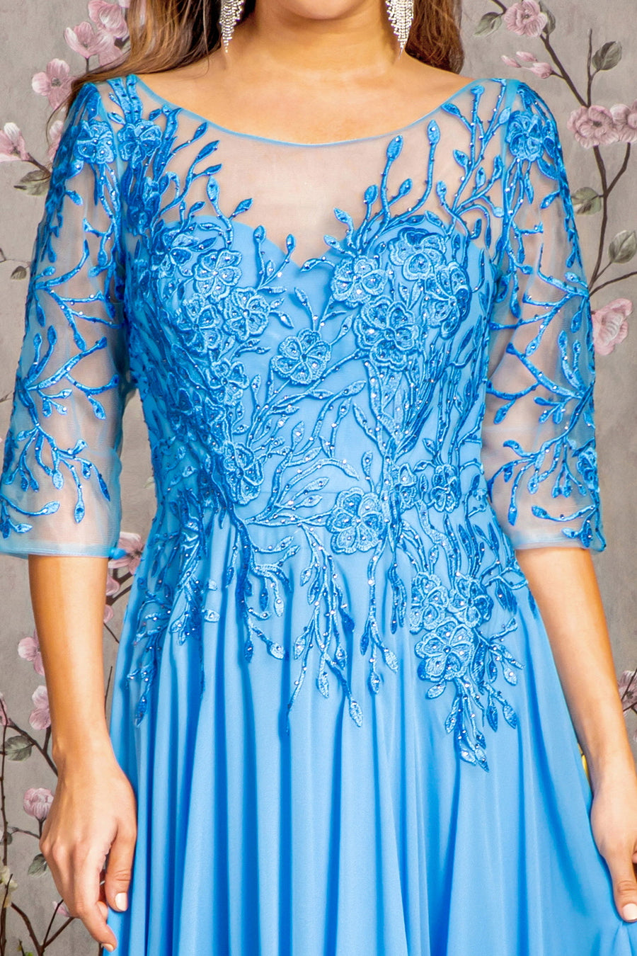 Mother of the Bride Dresses Beaded V back A line Long Mother of the Bride Dress Perry Blue