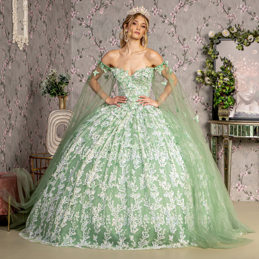 Quinceanera Dresses Long Sheer Sleeve Drapes Quinceanera Ball Gown Sage