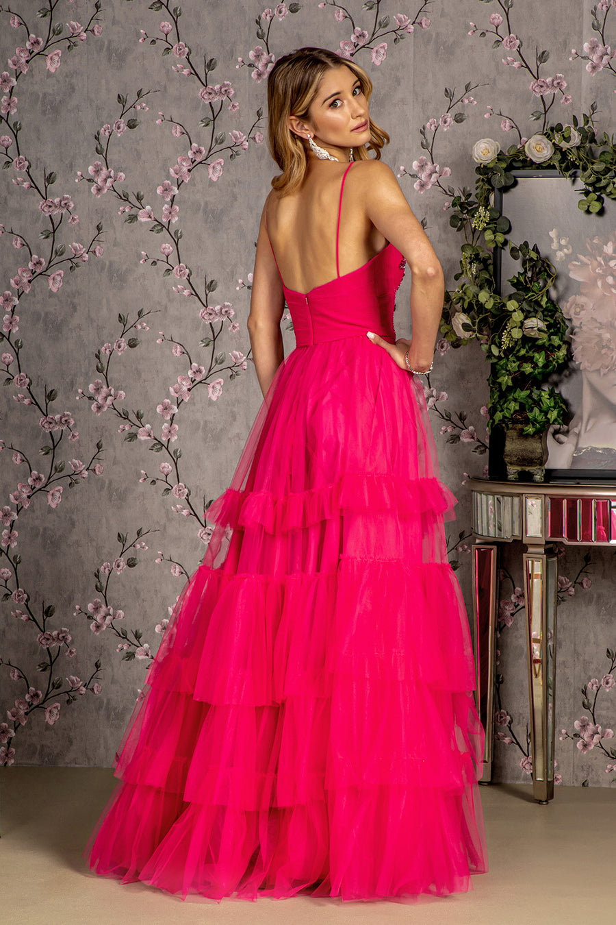 Prom Dresses Sequin Beaded Ruffled Skirt A line Long Prom Dress Fuchsia