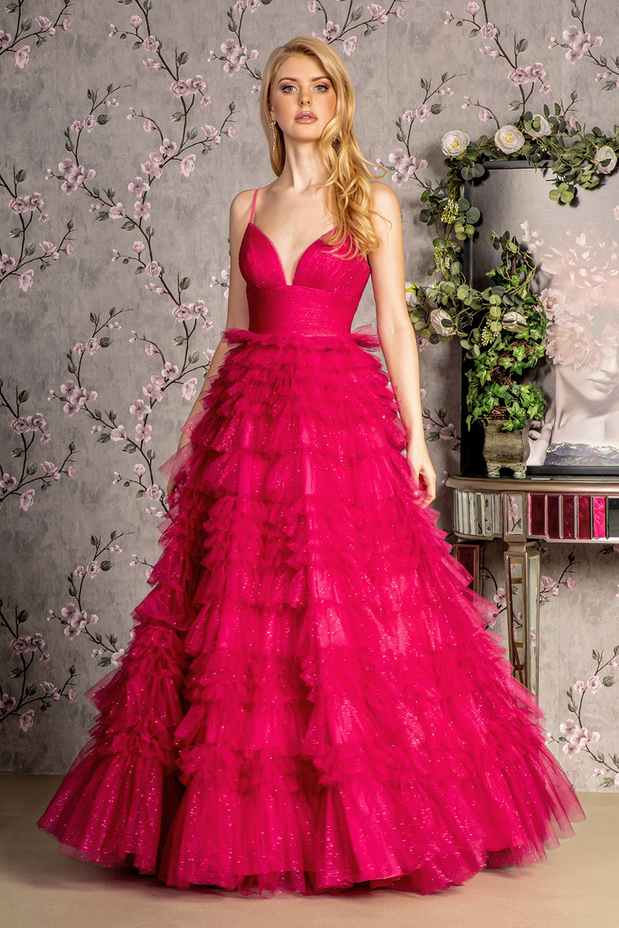 Prom Dresses Prom Ruffled Skirt Mesh A line Long Dress Fuchsia