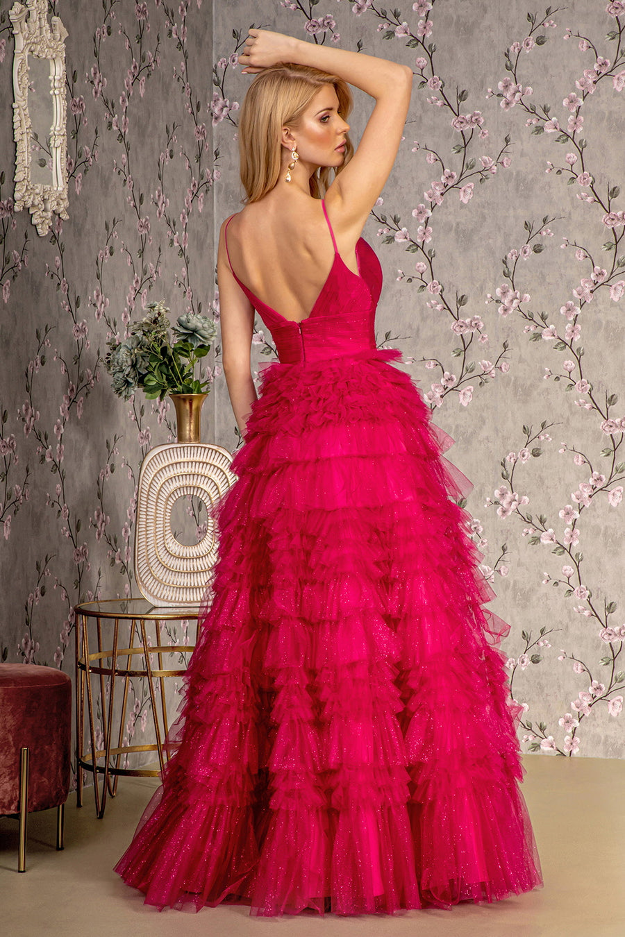 Prom Dresses Prom Ruffled Skirt Mesh A line Long Dress Fuchsia