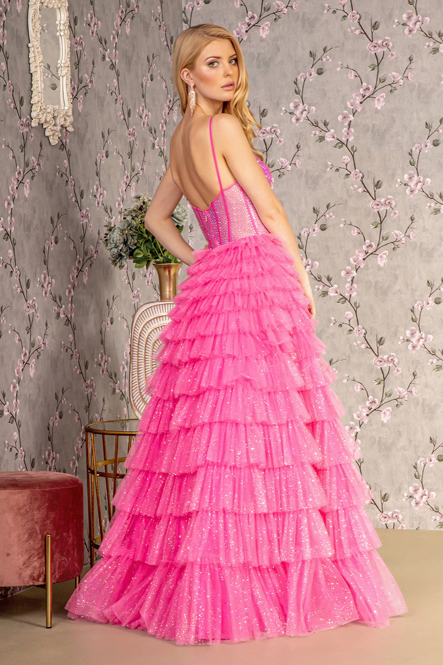 Prom Dresses rom Ruffled Skirt Glitter A line Long Dress Hot Pink