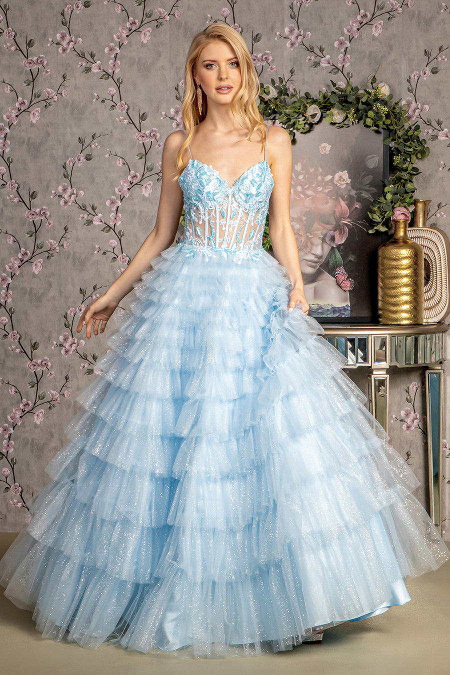 Prom Dresses Prom A-line Long Ruffled Skirt Dress Baby Blue