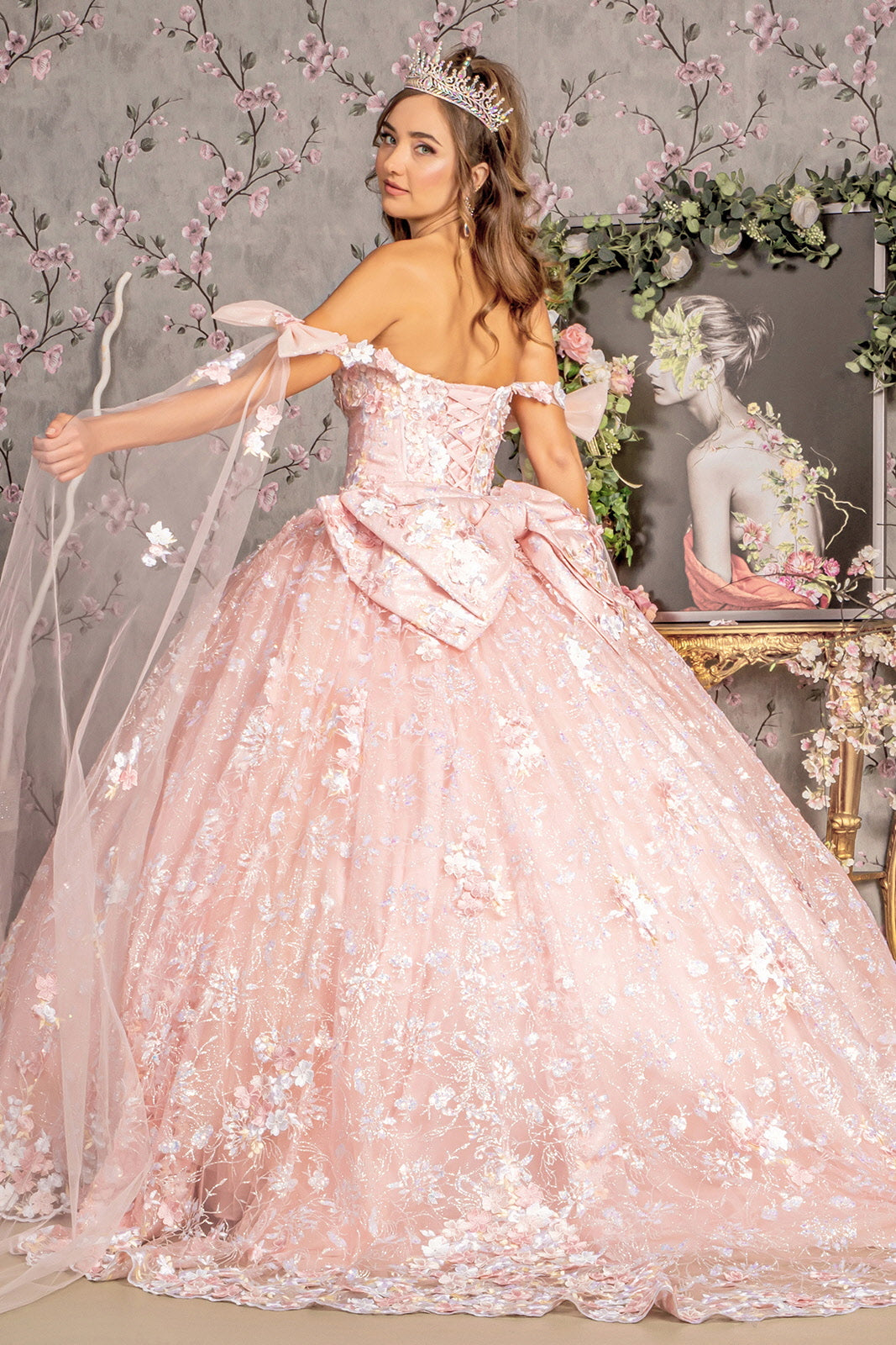 Quinceniera Dresses Detachable Ribbons Long Drapes Quinceanera Ball Gown Blush