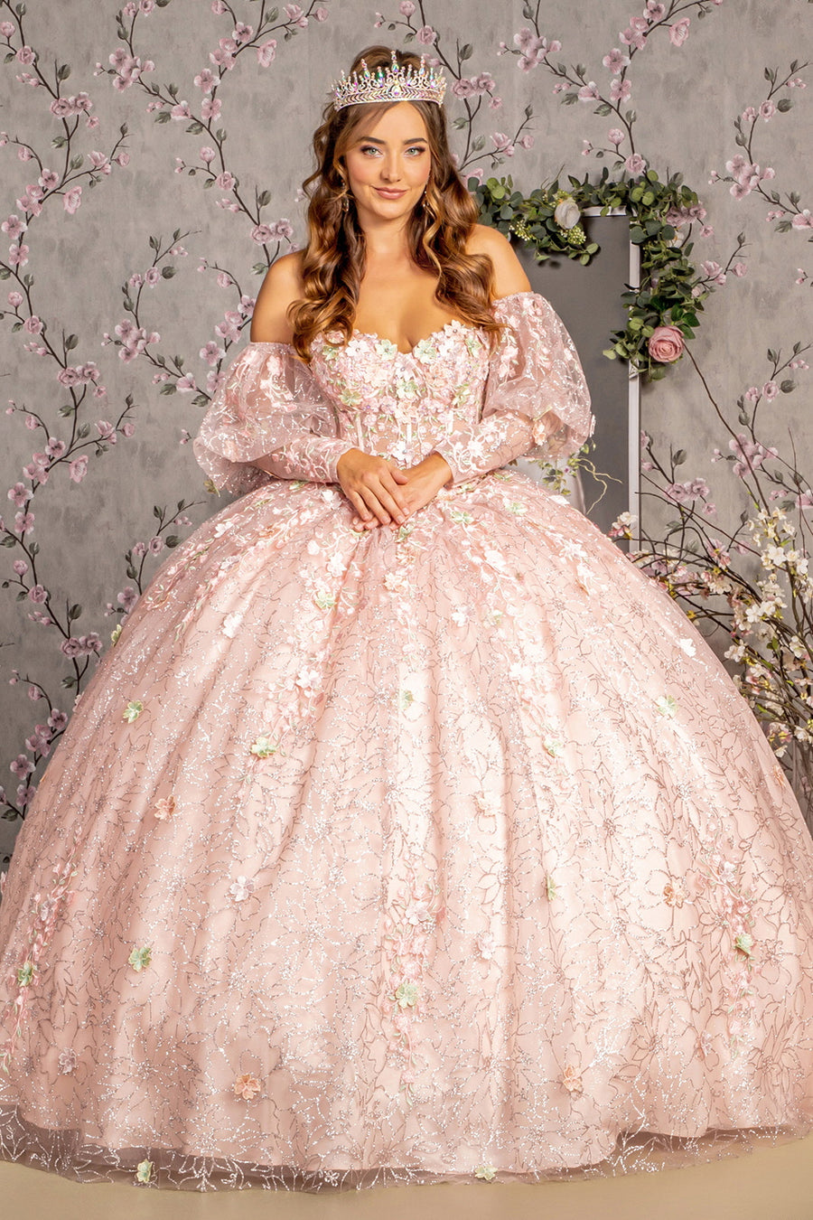 Quinceniera Dresses Detachable Big Ribbon Glitter Quinceanera Ball Gown Blush