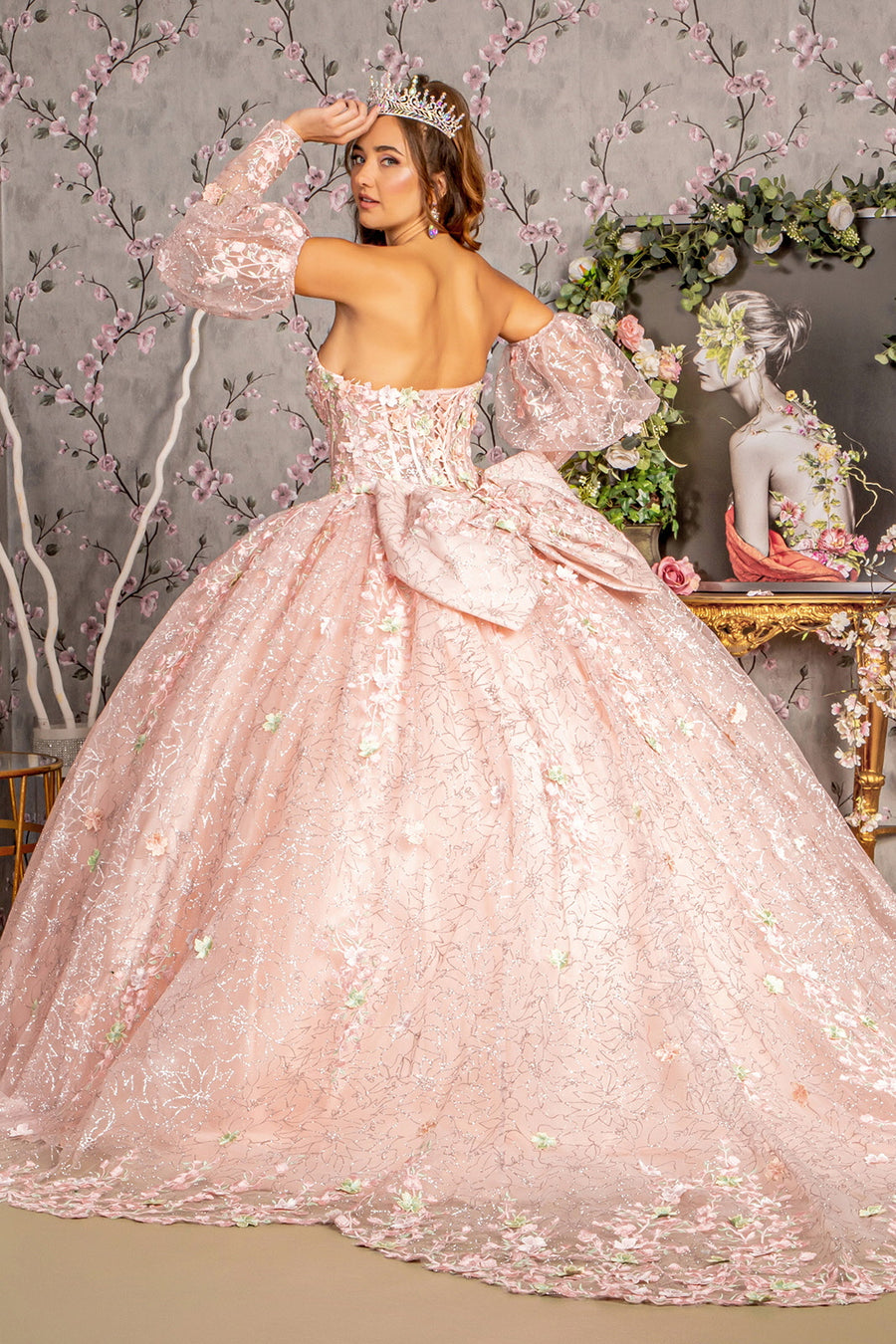 Quinceniera Dresses Detachable Big Ribbon Glitter Quinceanera Ball Gown Blush