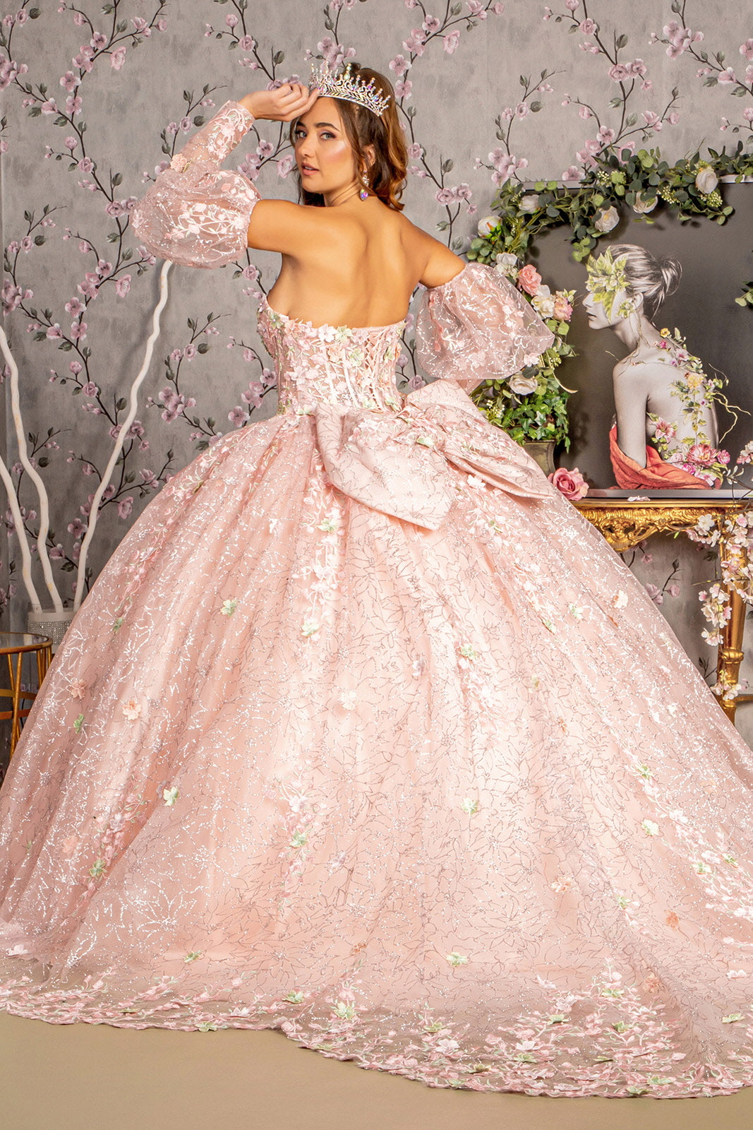 Quinceniera Dresses Detachable Big Ribbon Glitter Quinceanera Ball Gown Blush