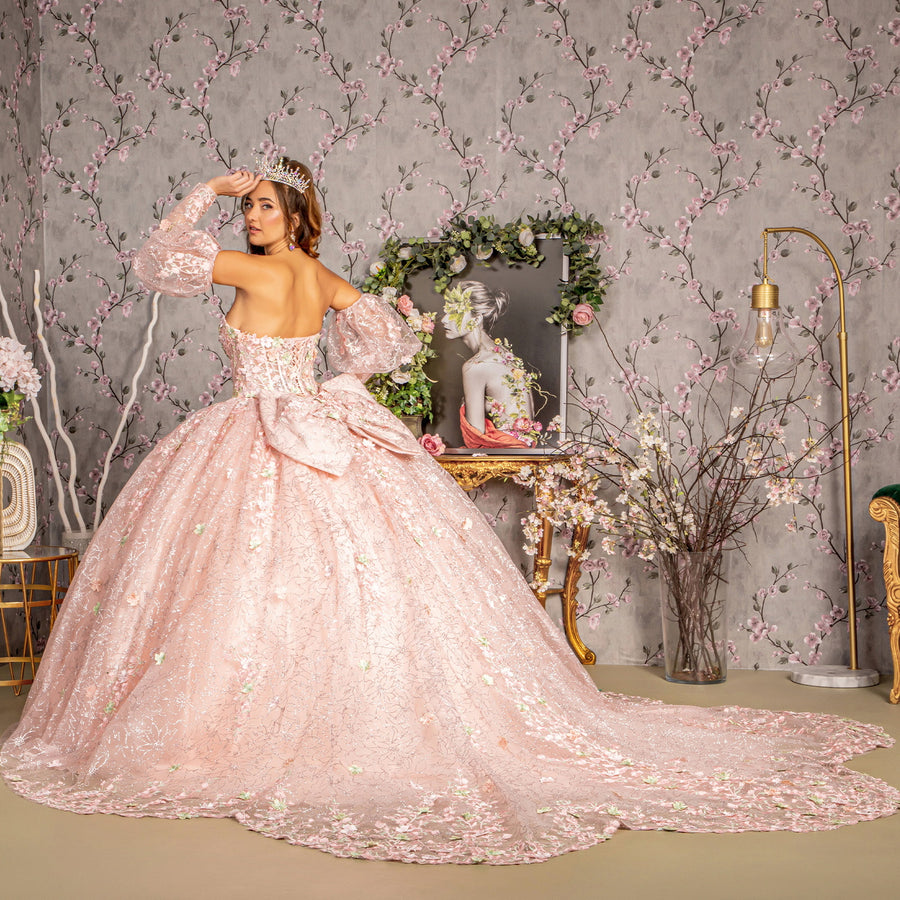 Quinceniera Dresses Detachable Big Ribbon Glitter Quinceanera Ball Gown Blush