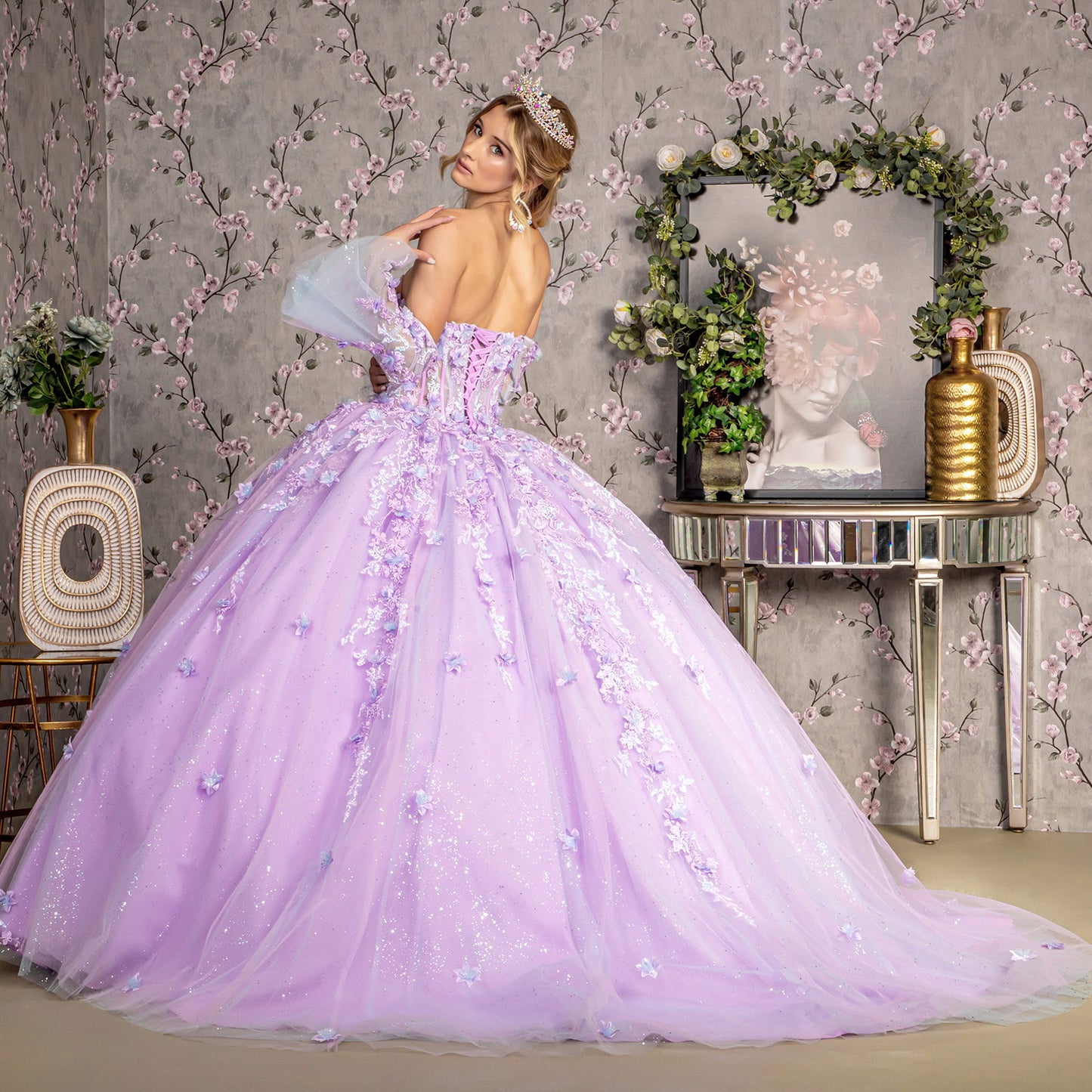 Quinceniera Dresses Long Trumpet Sleeves Quinceanera Ball Gown Lilac