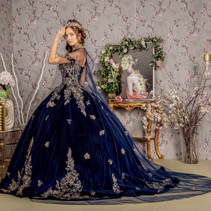 Quinceniera Dresses Metallic Quinceanera Long Mesh Cape Ball Gown Navy