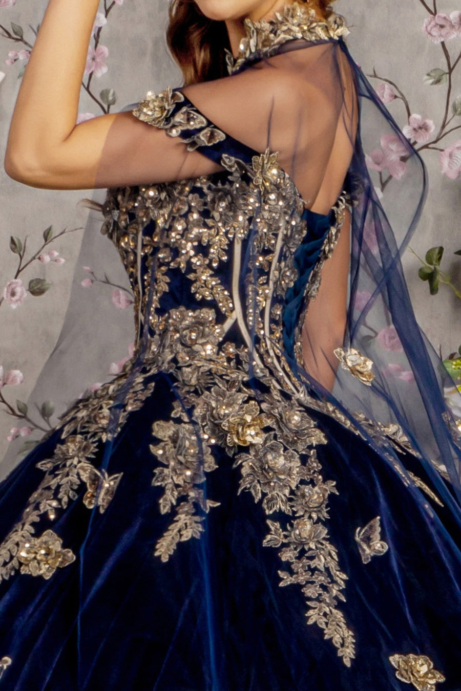 Quinceniera Dresses Metallic Quinceanera Long Mesh Cape Ball Gown Navy