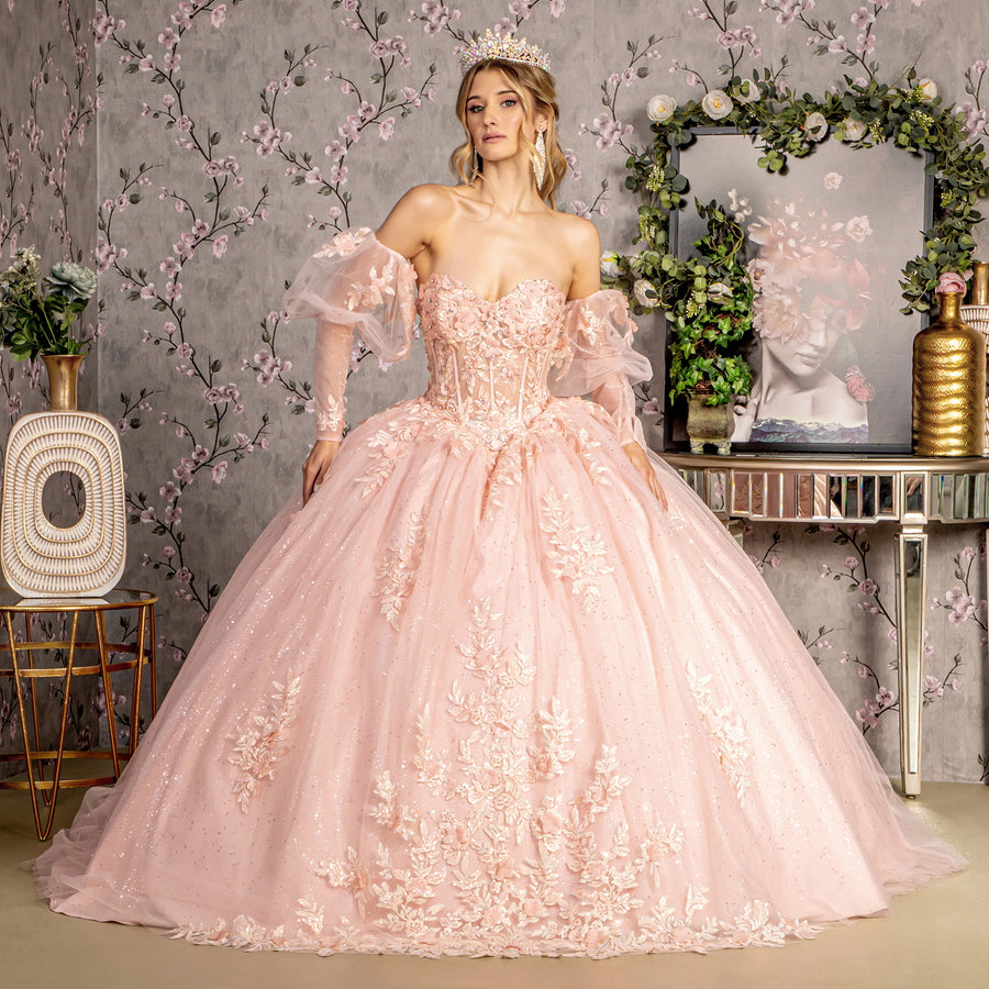 Quinceniera Dresses Glitter Long Puff Sleeves Quinceanera Ball Gown Blush