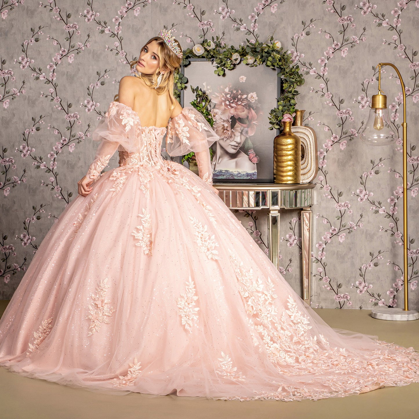 Quinceniera Dresses Glitter Long Puff Sleeves Quinceanera Ball Gown Blush