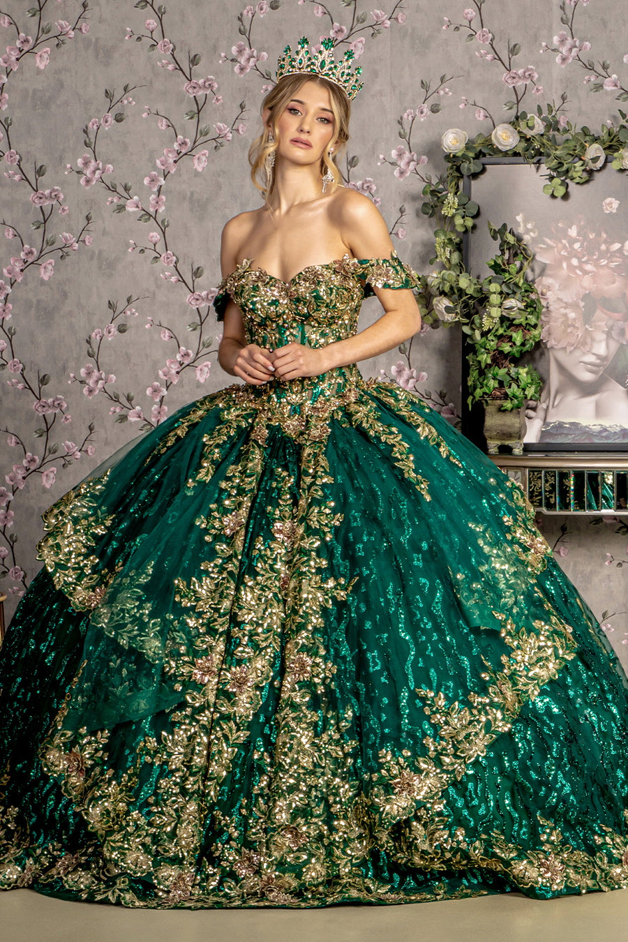 Quinceniera Dresses Metallic Jewel Quinceanera Ball Gown Green